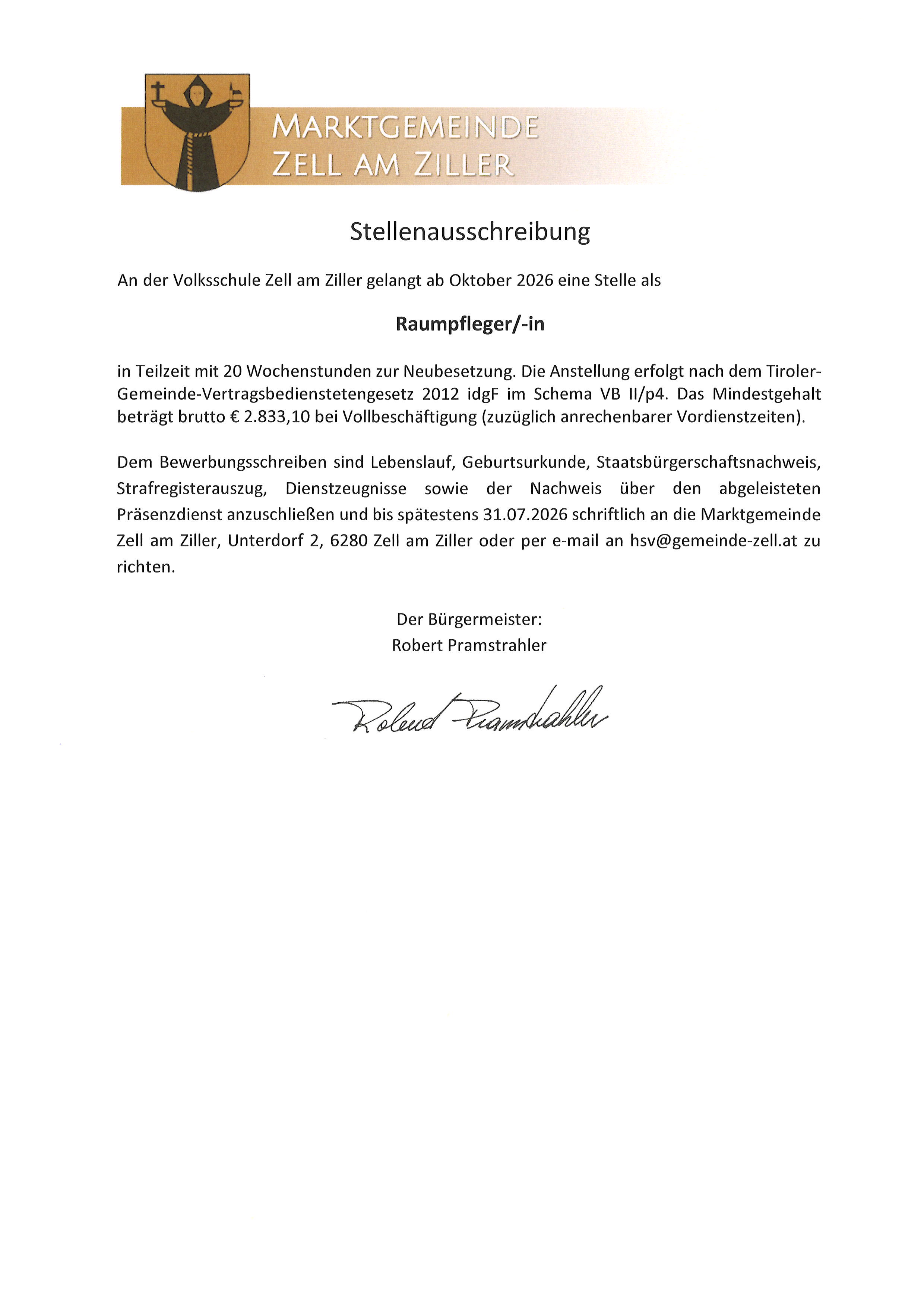 Stellenausschreibung Raumpflegerin VS
