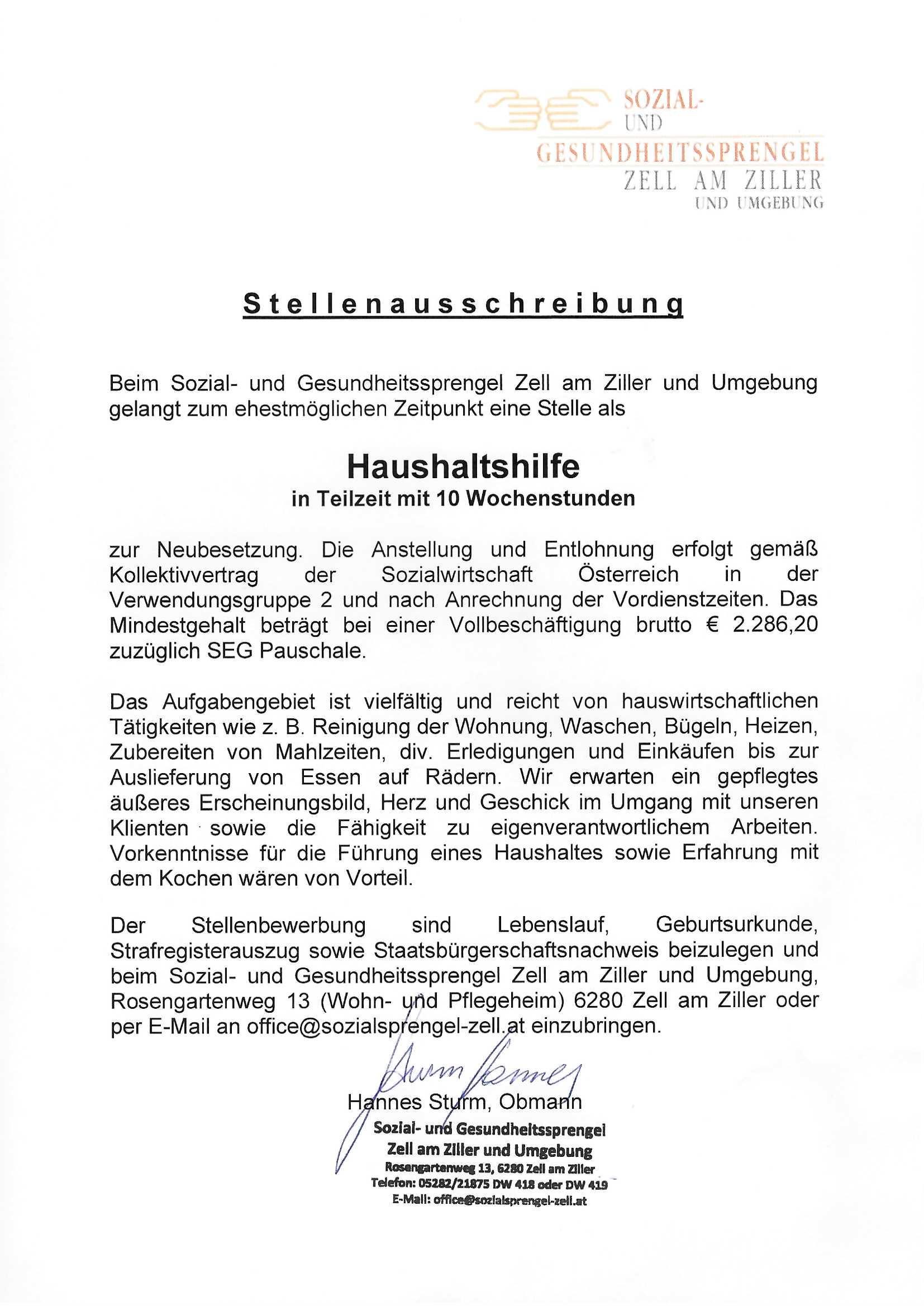 Stellenausschreibung Haushaltshilfe