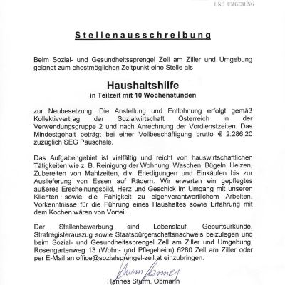 Stellenausschreibung Haushaltshilfe